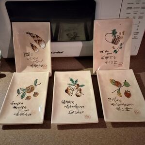 Set of 5 Rectangular Vintage Japanese Sushi Plates with Artistic Designs